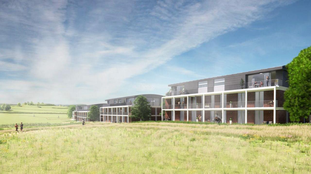 Concept image of the apartments which were proposed for Old Sarum Airfield. The apartments are wide, but short in height. They have balconies and doors leading onto them. 