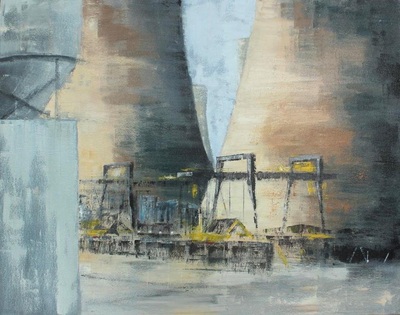 Roy Young's painting of two cooling towers at Ratcliffe-on-Soar power station