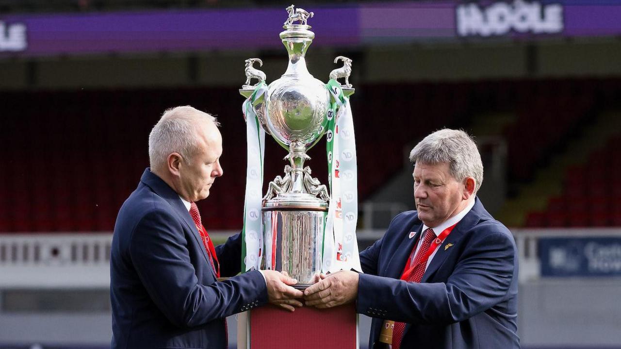Will Lloyd Williams and Graham Evans with the Welsh Cup in 2025