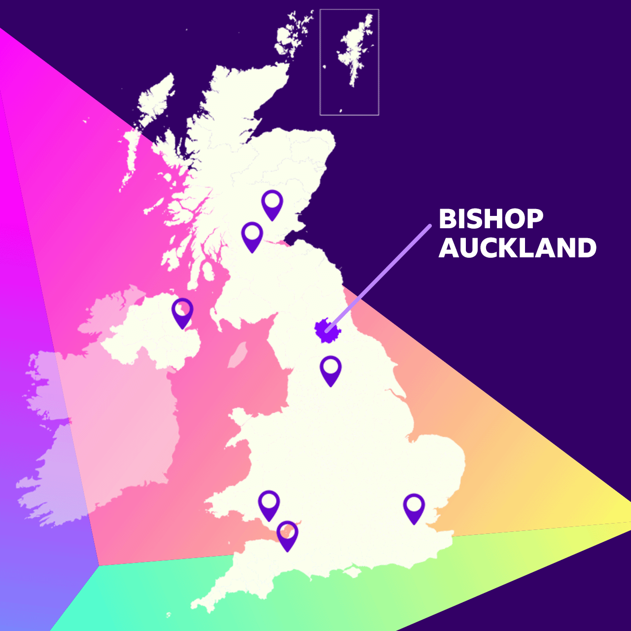 A map of the UK with eight constituencies marked across the country and Bishop Auckland highlighted