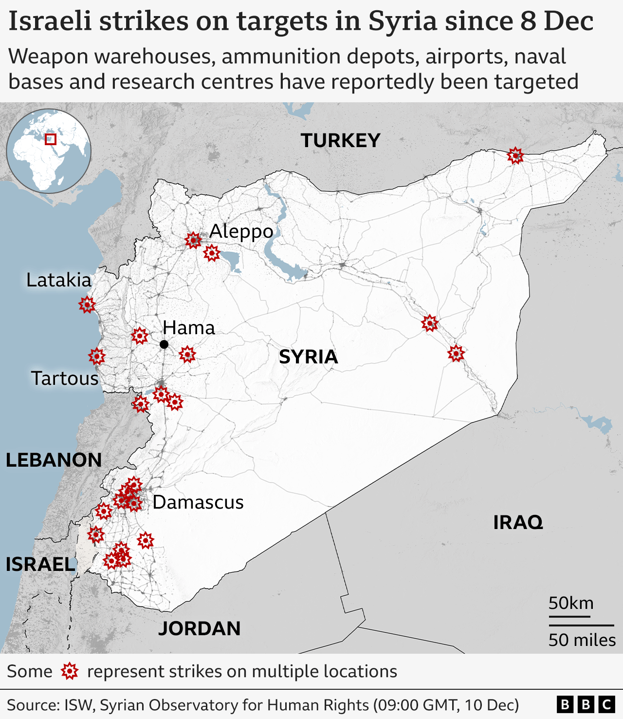 A map showing the locations of Israeli strikes on Syria since 8 December, including Tartous, Masyaf, Qusayr Corssing, Al Mayadin, Mount Qasioun, Damascus and Khalkhala airport