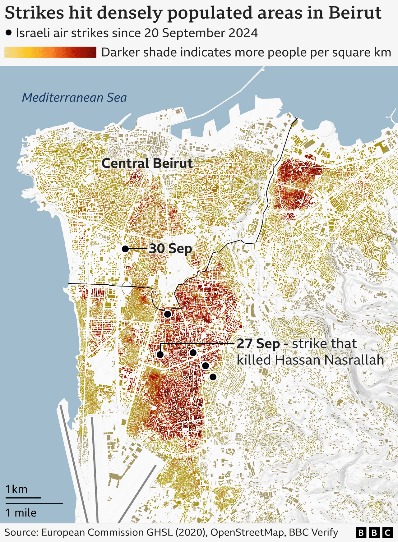 A map showing the population density of Beirut and highlighting the locations of some Israeli strikes on the Lebanese capital. Most strikes have been on the Dahieh suburb, which is one of the most densely populated areas of the city.  