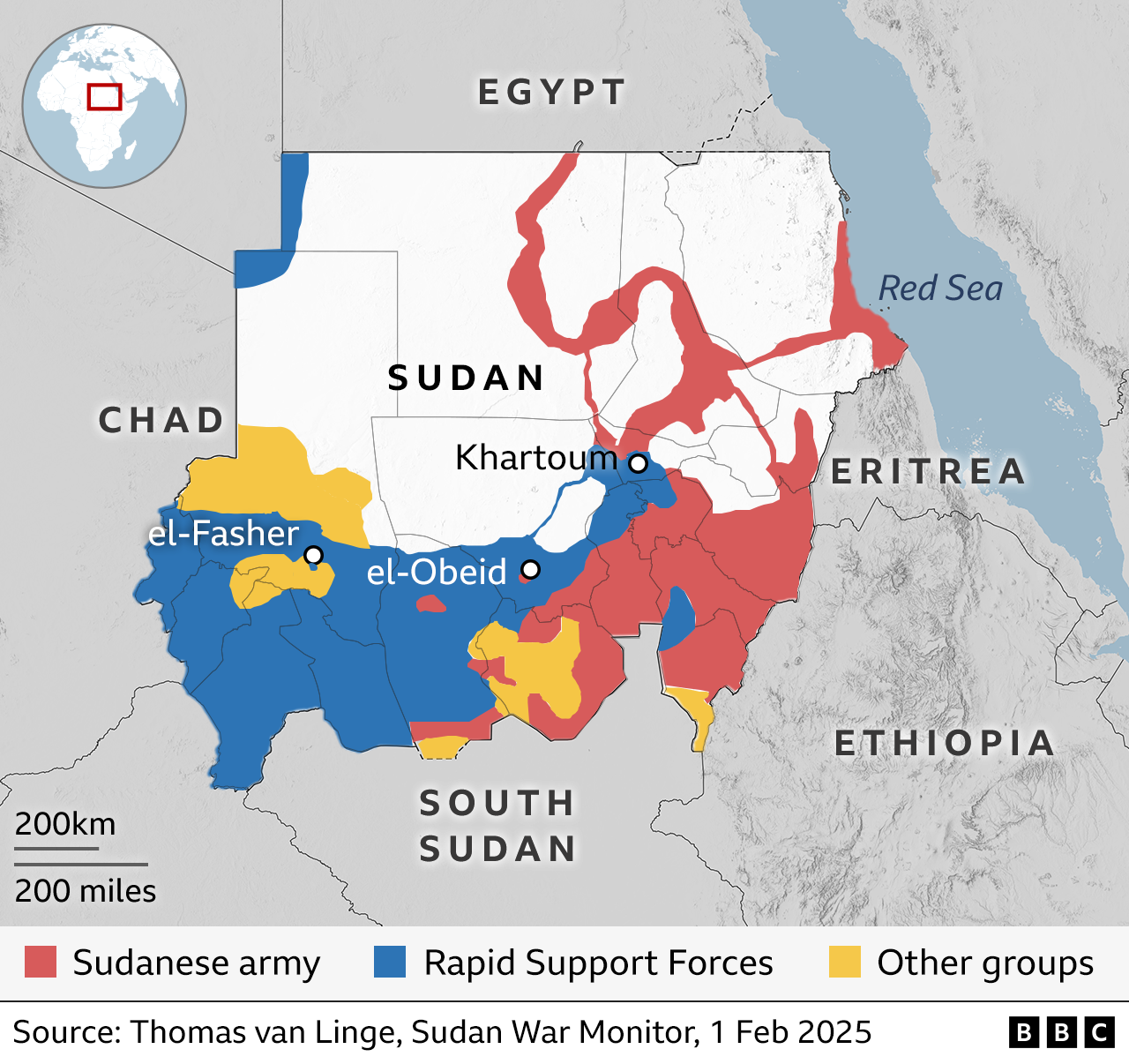 A map showing who controls which parts of Sudan