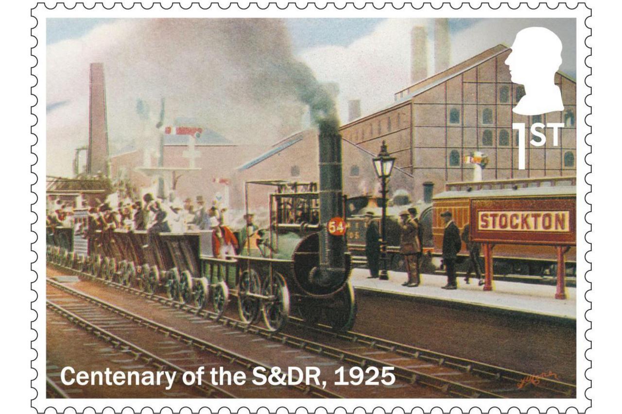 A first class stamp depicts the "Centenary of the S&DR, 1925". An open-top steam train filled with passengers in pulling into Stockton Railway station. Black smoke is billowing from the engine.