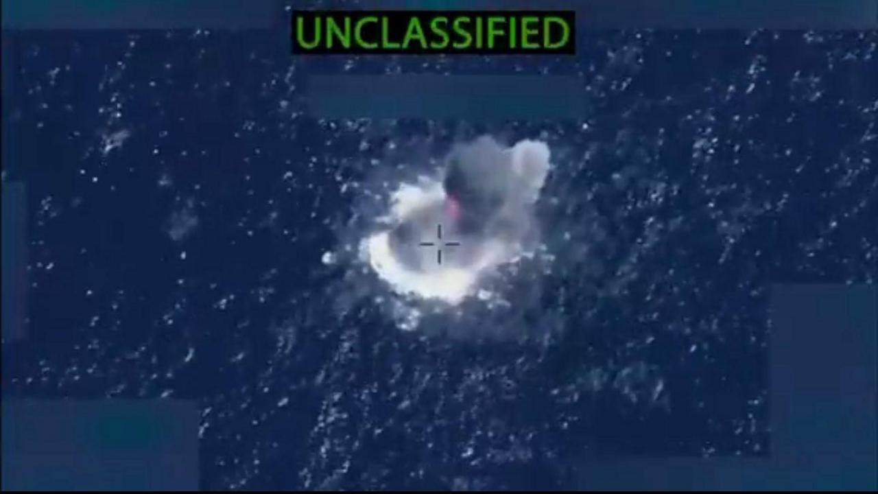Boat on fire after being hit by US forces in the Pacific.