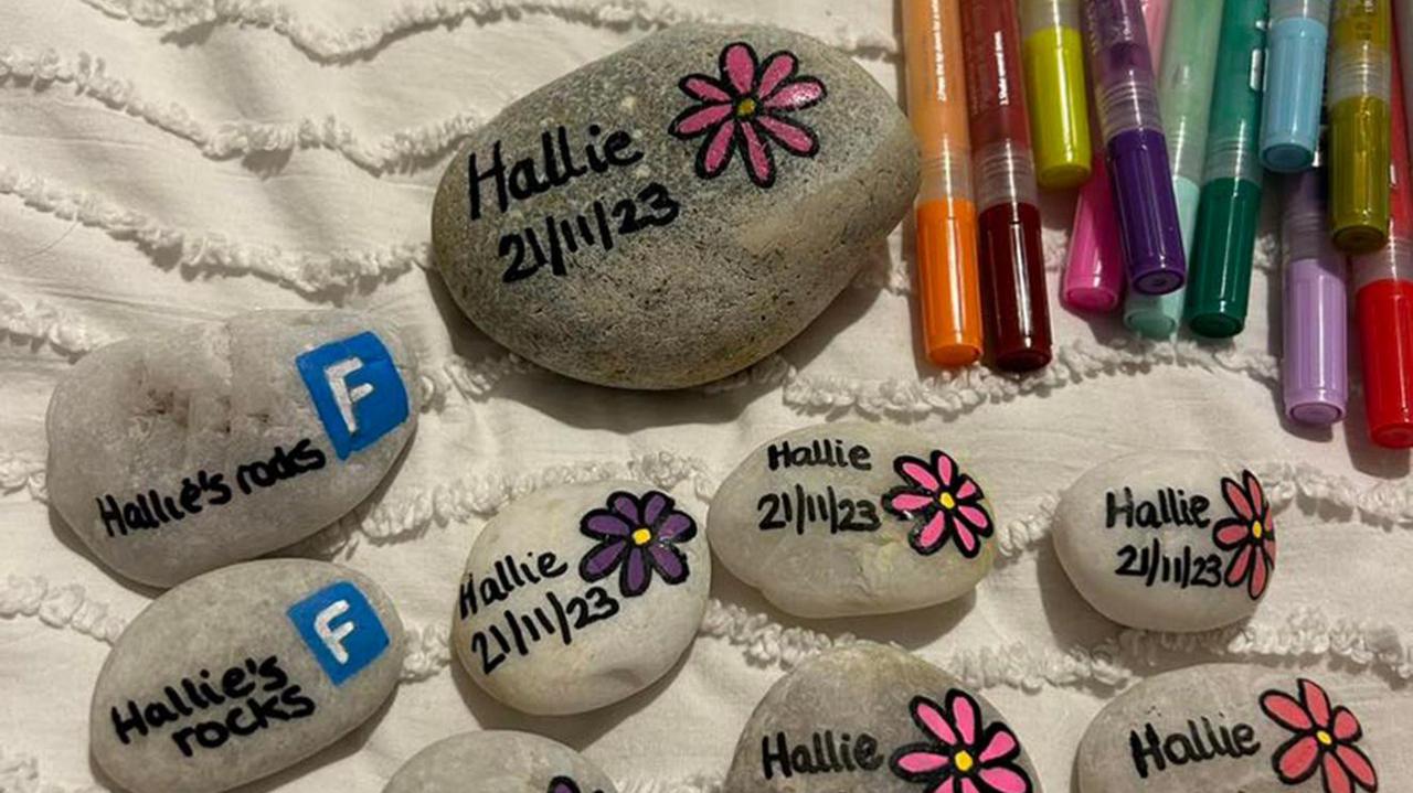 pebbles painted and with flowers and name Hallie