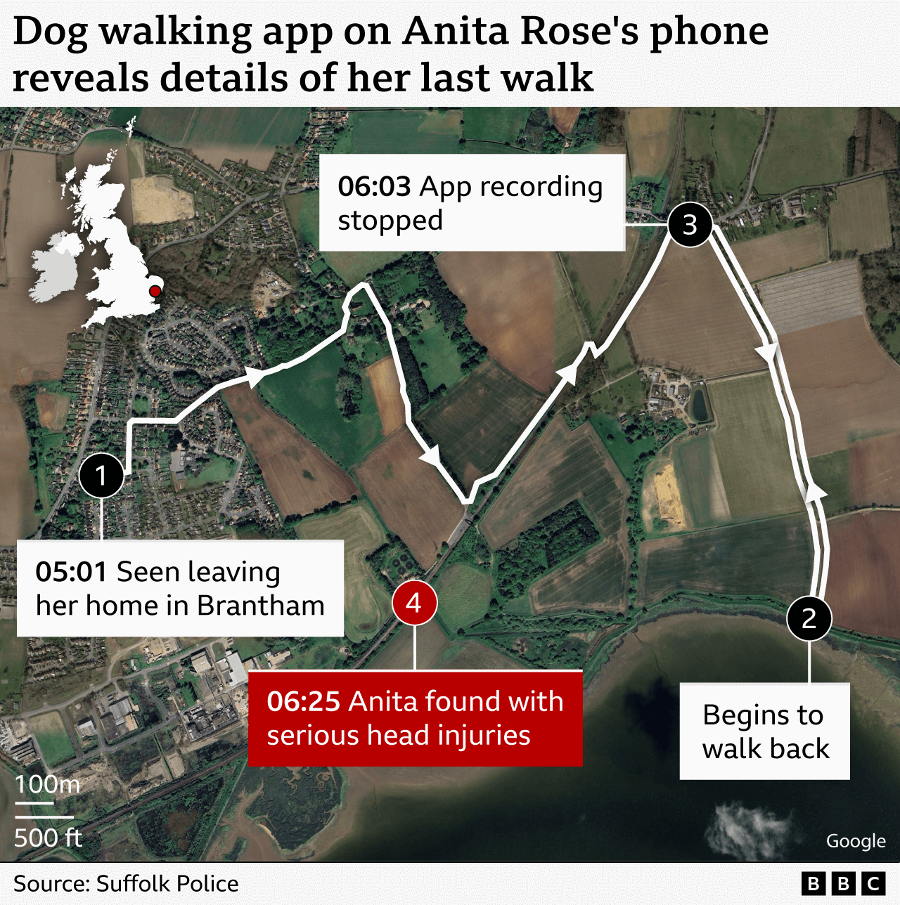 A map showing details of an app Anita Rose was using, which charted her movements.
'1. 05:01: Seen leaving her home in Brantham.
2. Begins to walk back (retracing earlier route)
3. 06:03 App recording stopped (approx a quarter of way back home)
4. 06:25 Anita found with serious head injuries' (off the route she had walked)'