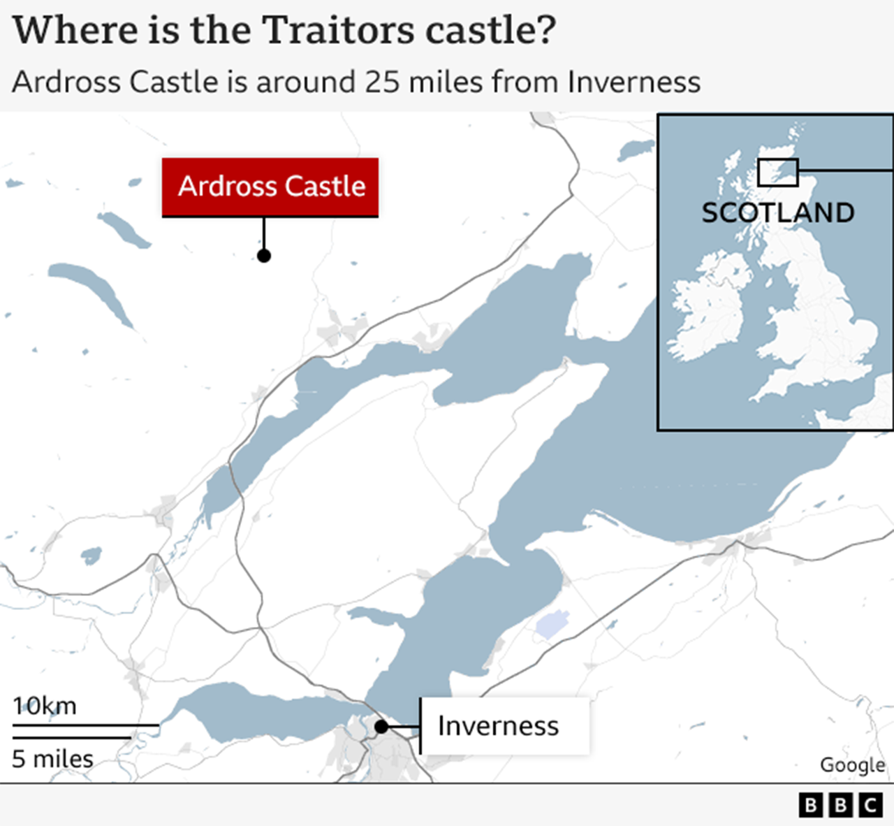 A map of Scotland and the Highlands showing the locations Ardross Castle and Inverness.
