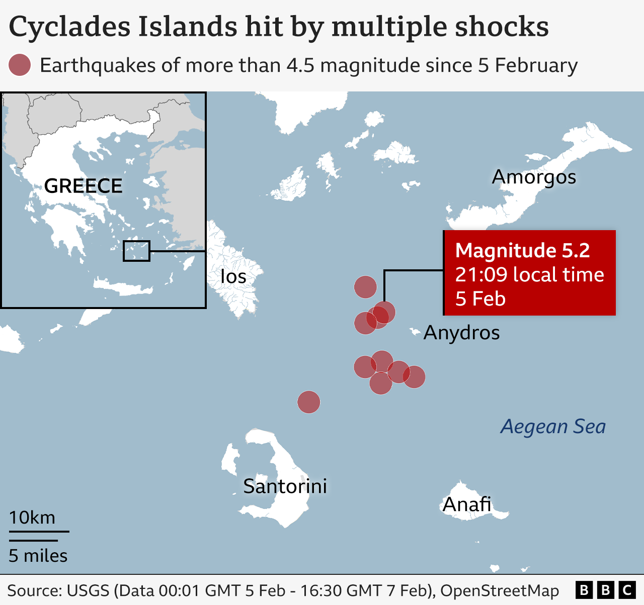 A map of Greek islands, with red dots showing the locations of 4.5 magnitude or higher earthquakes between Santorini, Ios, Anydros, Amorgos and Anafi in the Aegean Sea since 5 February. One is labelled as magnitude 5.2.