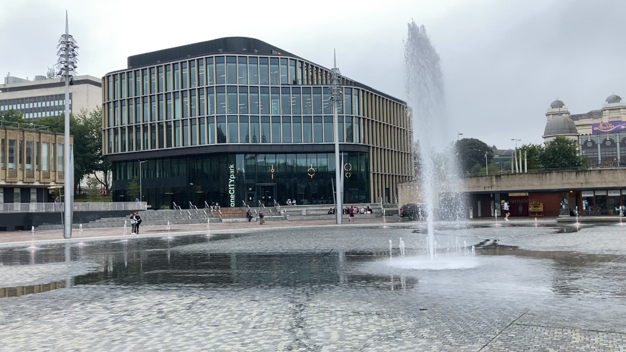 The view of the new £35 million One City Park office block from the fountains in City Park