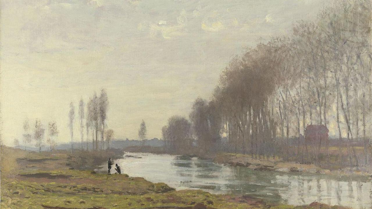 The Petit Bras of the Seine at Argenteuil depicts a tranquil scene on a winter day on the outskirts of a small, suburban town, portraying two figures by the side of the River Seine