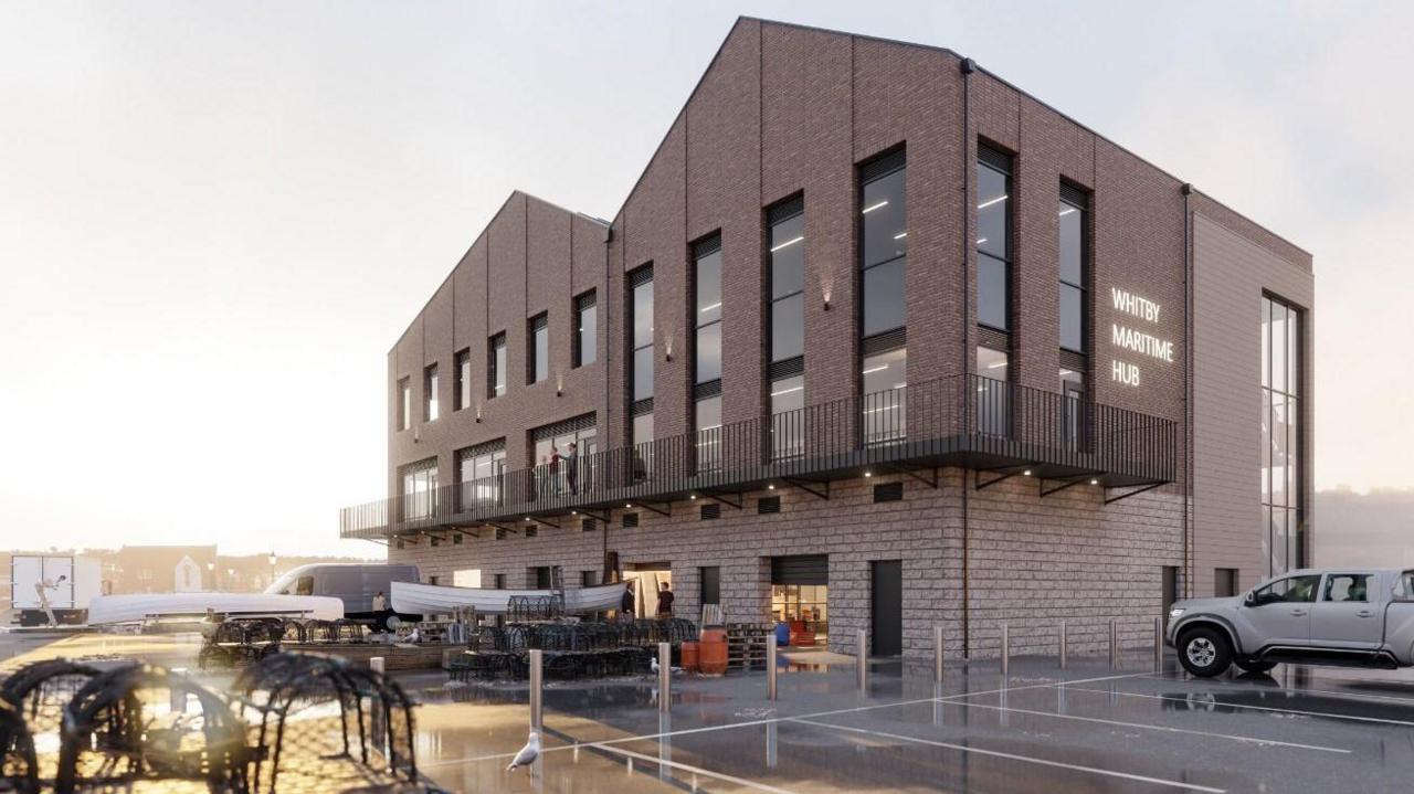 An artist's impression of the maritime hub which shows a large building with a car park to the side and fishing nets in front