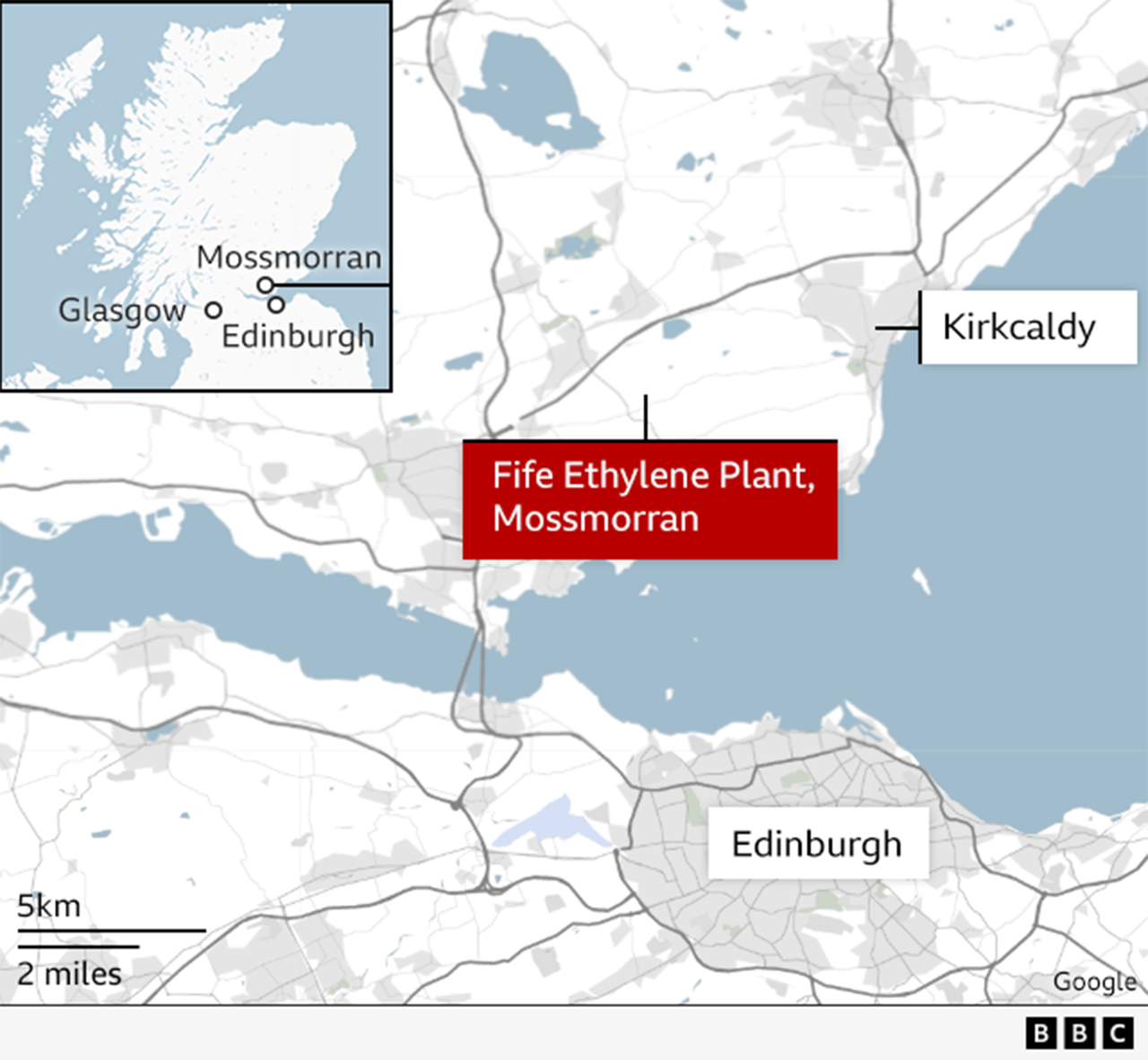 Map showing Mossmorran plant in relation to Edinburgh and Kirkcaldy