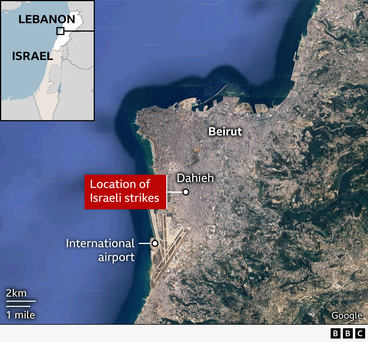 Map of Beirut and its suburbs, showing Dahieh marked as the 'location of Israeli strikes' south of the capital