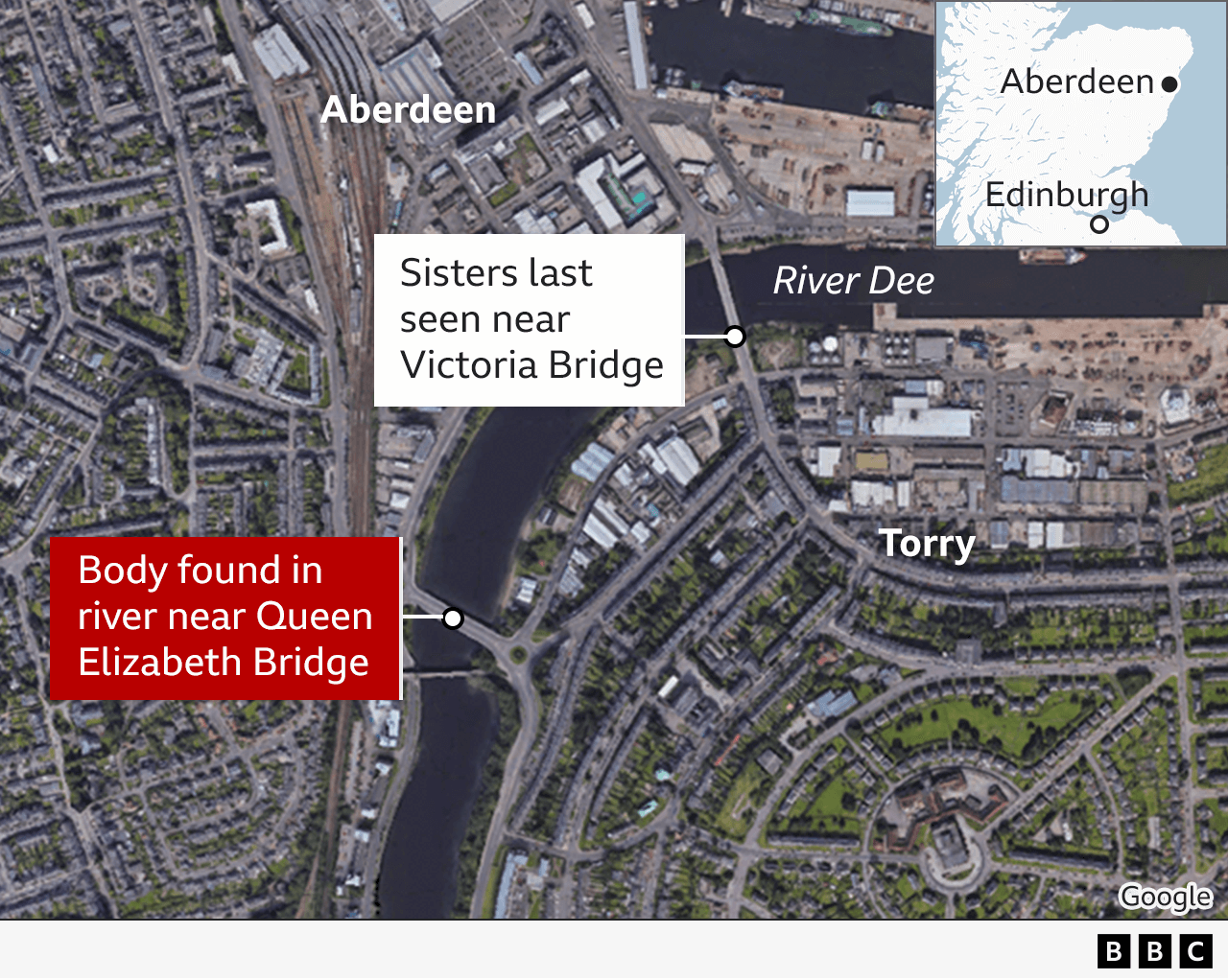 A Google map showing the spot on Market Street next to the River Dee where the sisters were last seen and downstream to the Queen Elizabeth Bridge where the body was found