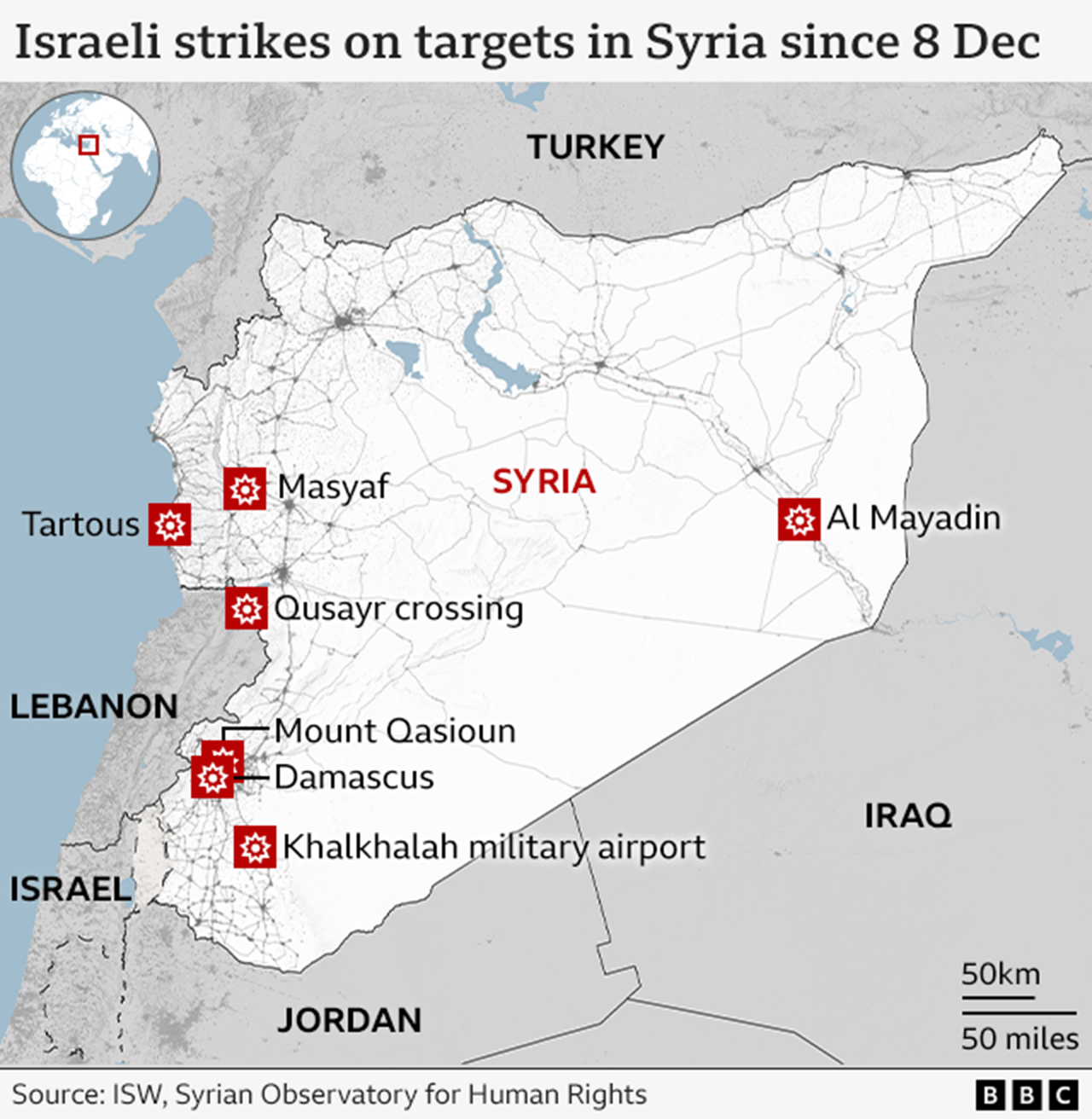 A map showing the locations of Israeli strikes on Syria since 8 December