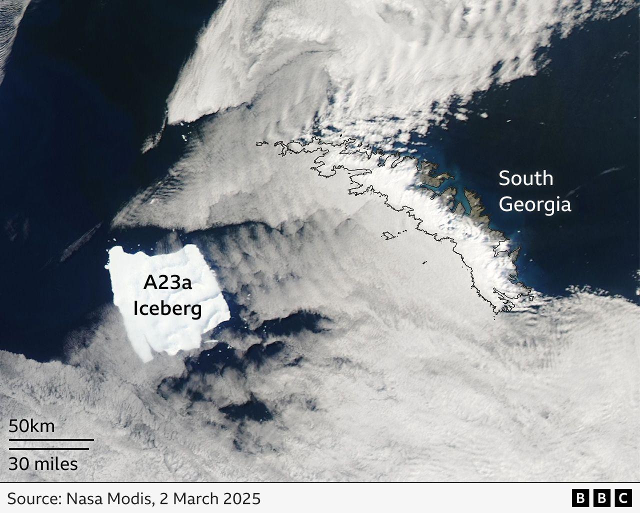 Satellite image from 2 March 2025 showing A23a iceberg about 50 miles (80km) to South Georgia island