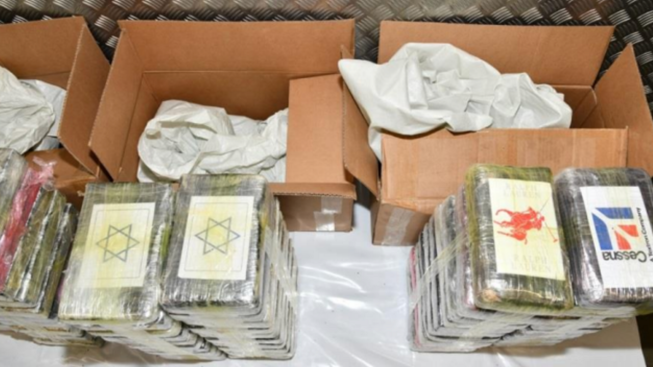 Blocks of cocaine are wrapped in cellophane material, and have labels on them. The labels picture the star of david, the cessna logo and the ralph lauren logo. There are brown carboard boxes behind them