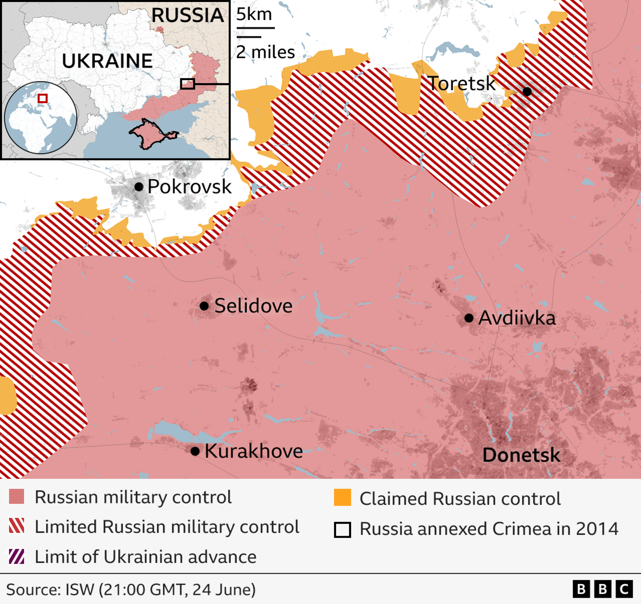 Close-up map showing which areas to the west of Donetsk are under Russian military control or limited Russian control