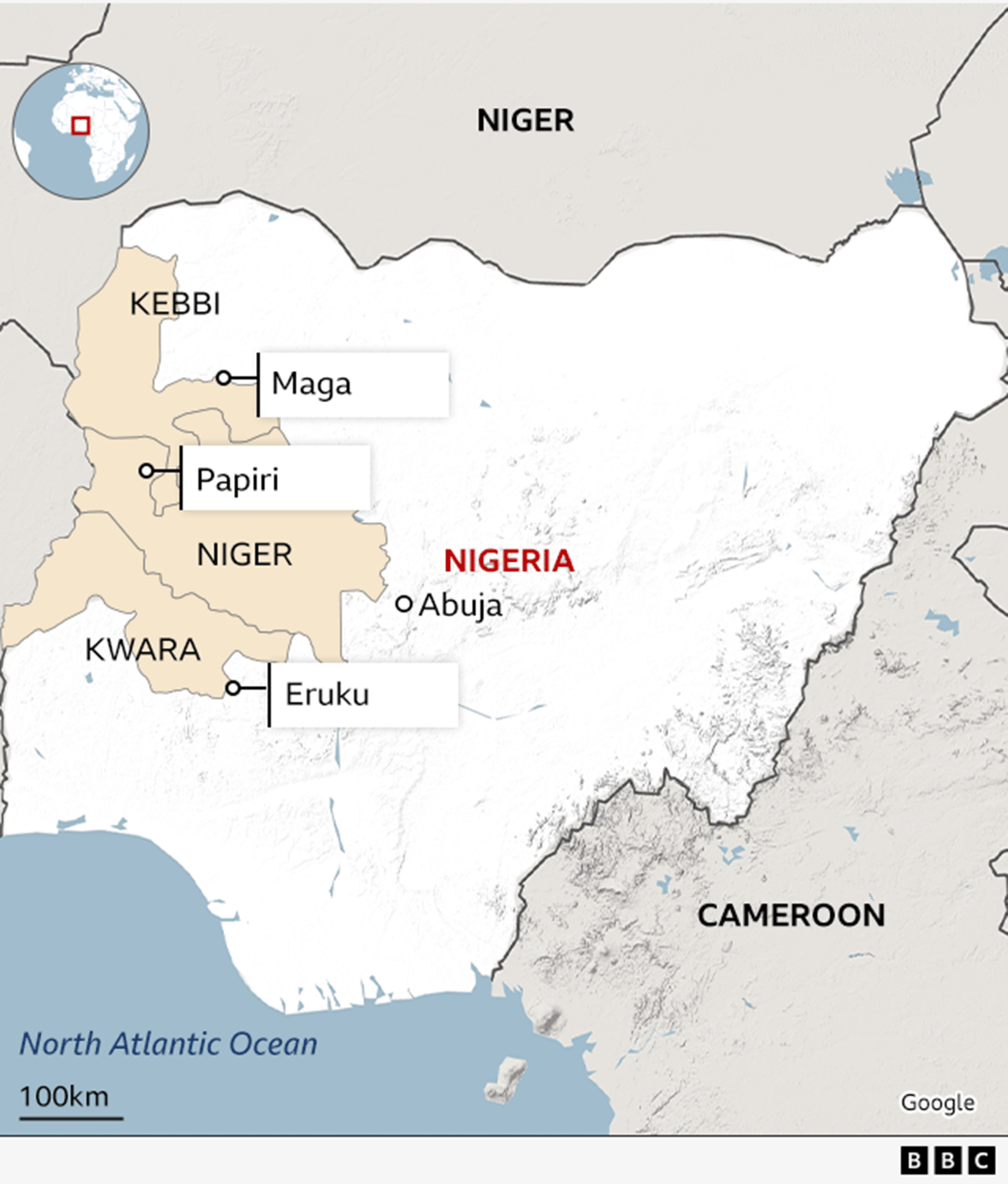 A map of Nigeria showing where last week's attacks have taken place - they are all in the west, from north-west, to south-west