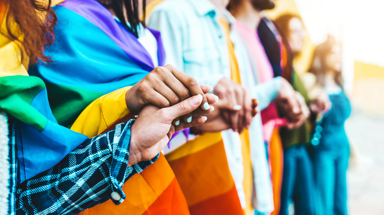 A group holding hands while draped with the Pride flag