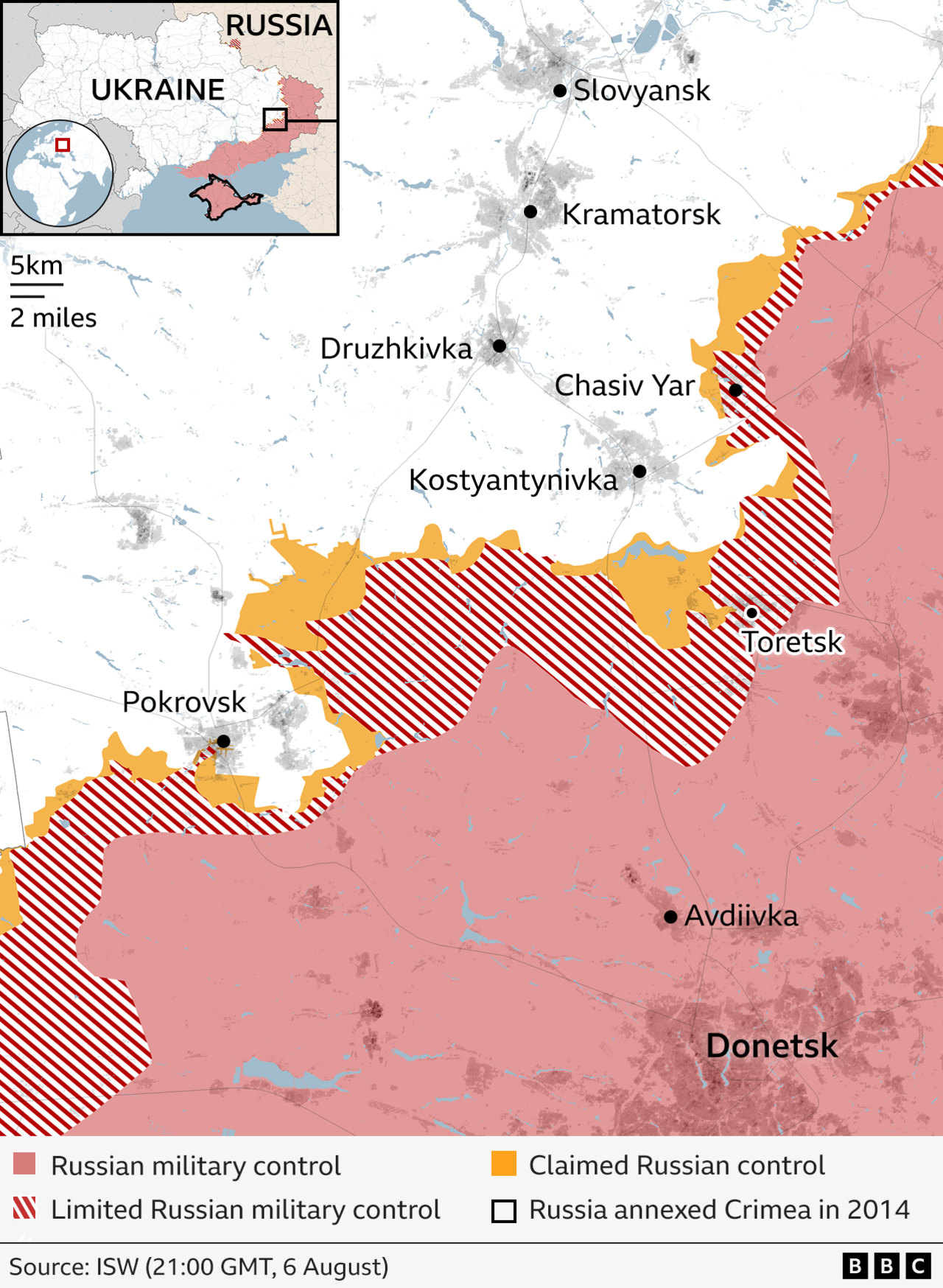 Map showing military control to the west of Donetsk on 6 August. Areas under Russian military control are shaded red, areas with limited Russian control are marked with red stripes, and regions claimed by Russia are in yellow. A black outline marks the territory annexed by Russia in 2014. Key cities labelled include Slovyansk, Kramatorsk, Druzhkivka, Chasiv Yar, Kostyantynivka, Toretsk, Pokrovsk, Avdiivka, and Donetsk. Source: ISW