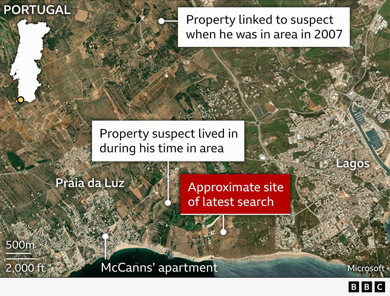 Map showing Praia da Luz, Lagos, the locations of where Brückner has stayed, the McCann's apartment at the Ocean Club resort where Madeleine went missing from, and the approximate site of the latest search