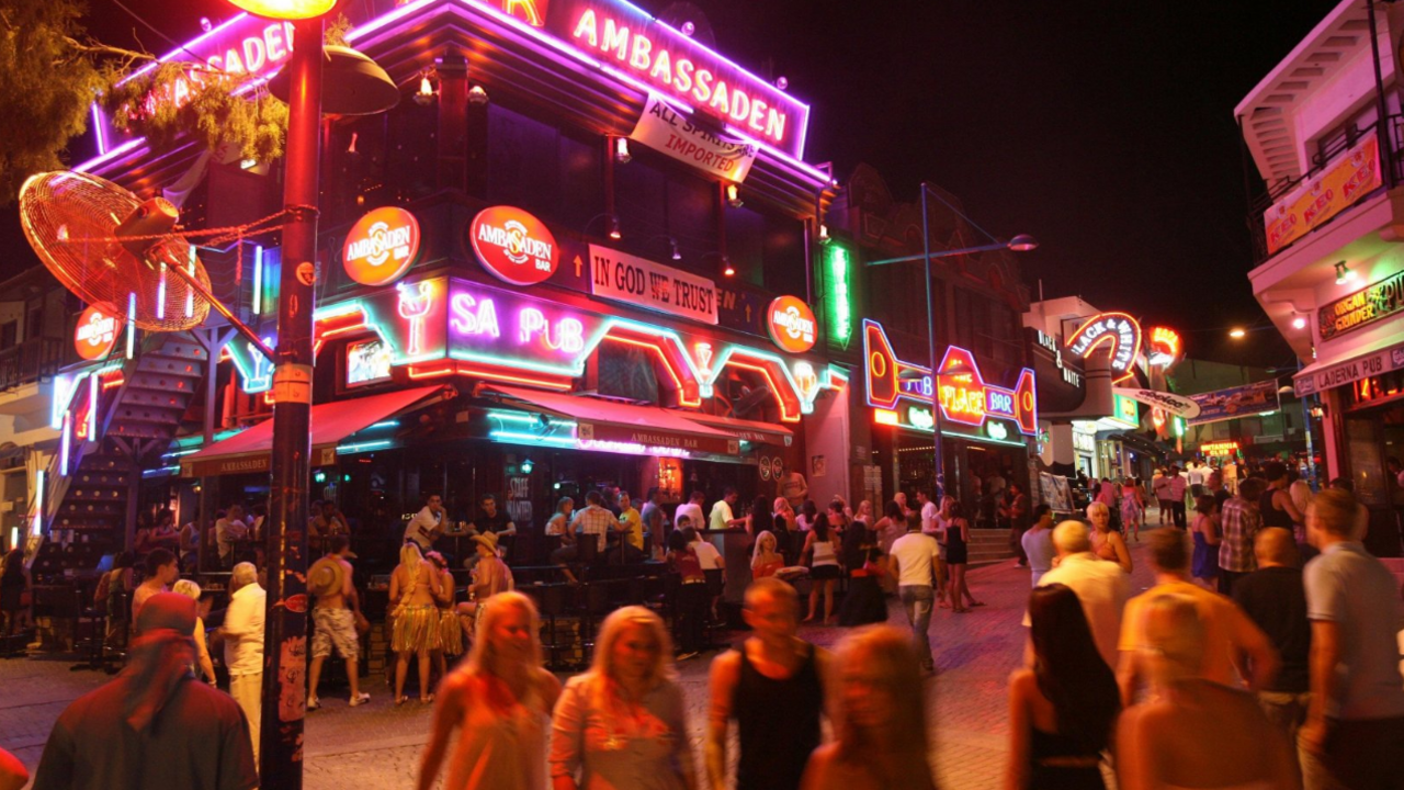 Ayia Napa street scene with crowds walking through the town