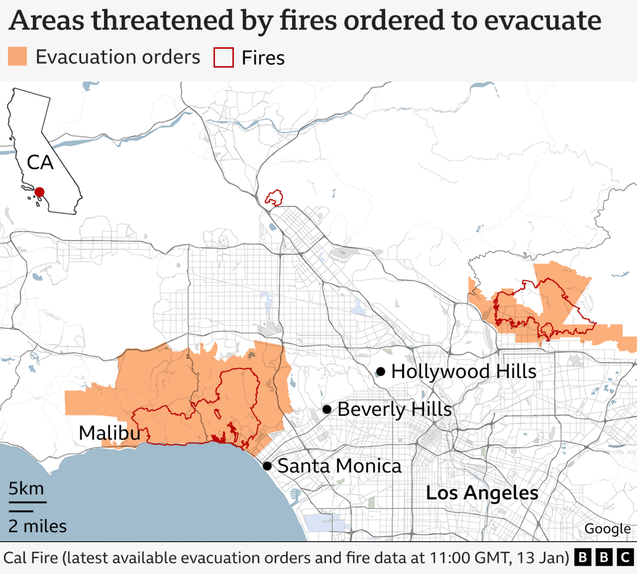 Map shows two major areas that have been ordered to evacuate on a map of Los Angeles, based on the latest available data as 13 January 2025. An area including Malibu is in one evacuation area. Other locations marked include Santa Monica, Beverly Hills and Hollywood Hills