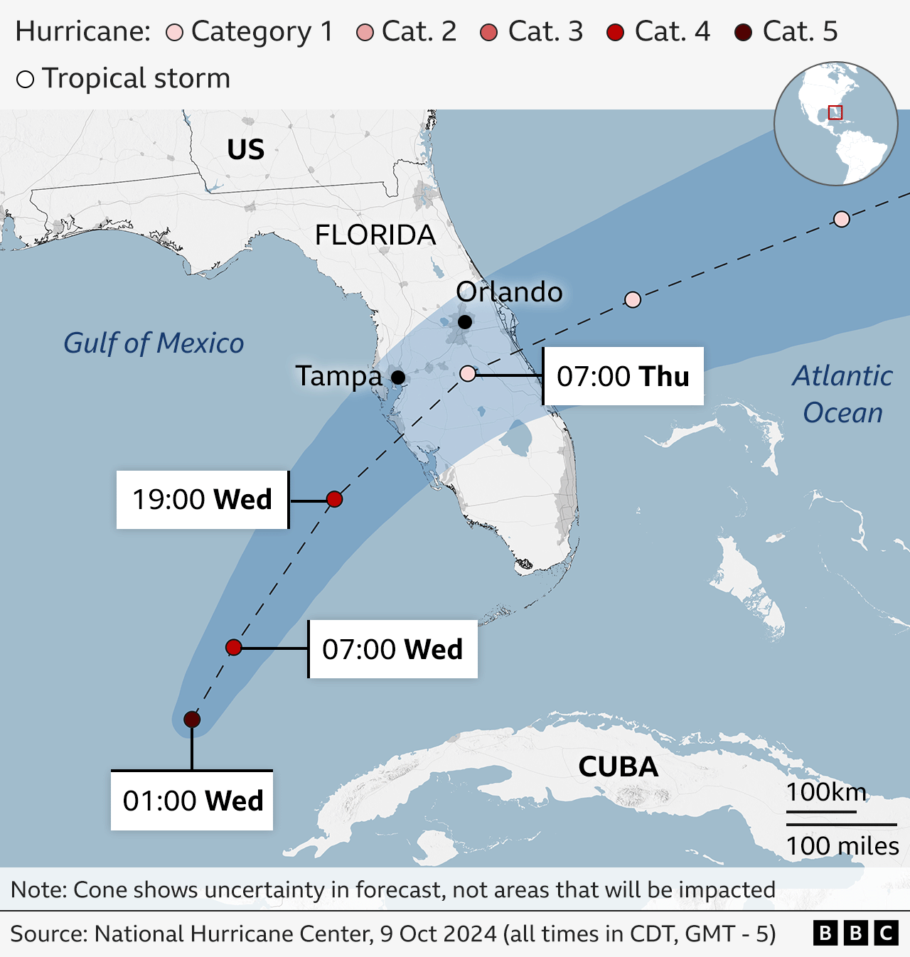 A BBC map shows the expected path from south-west to north-east of Hurricane Milton, through the Gulf of Mexico (Wednesday) and across Florida (after 19:00 local time on Wednesday), before entering the Atlantic Ocean (after 07:00 on Thursday)