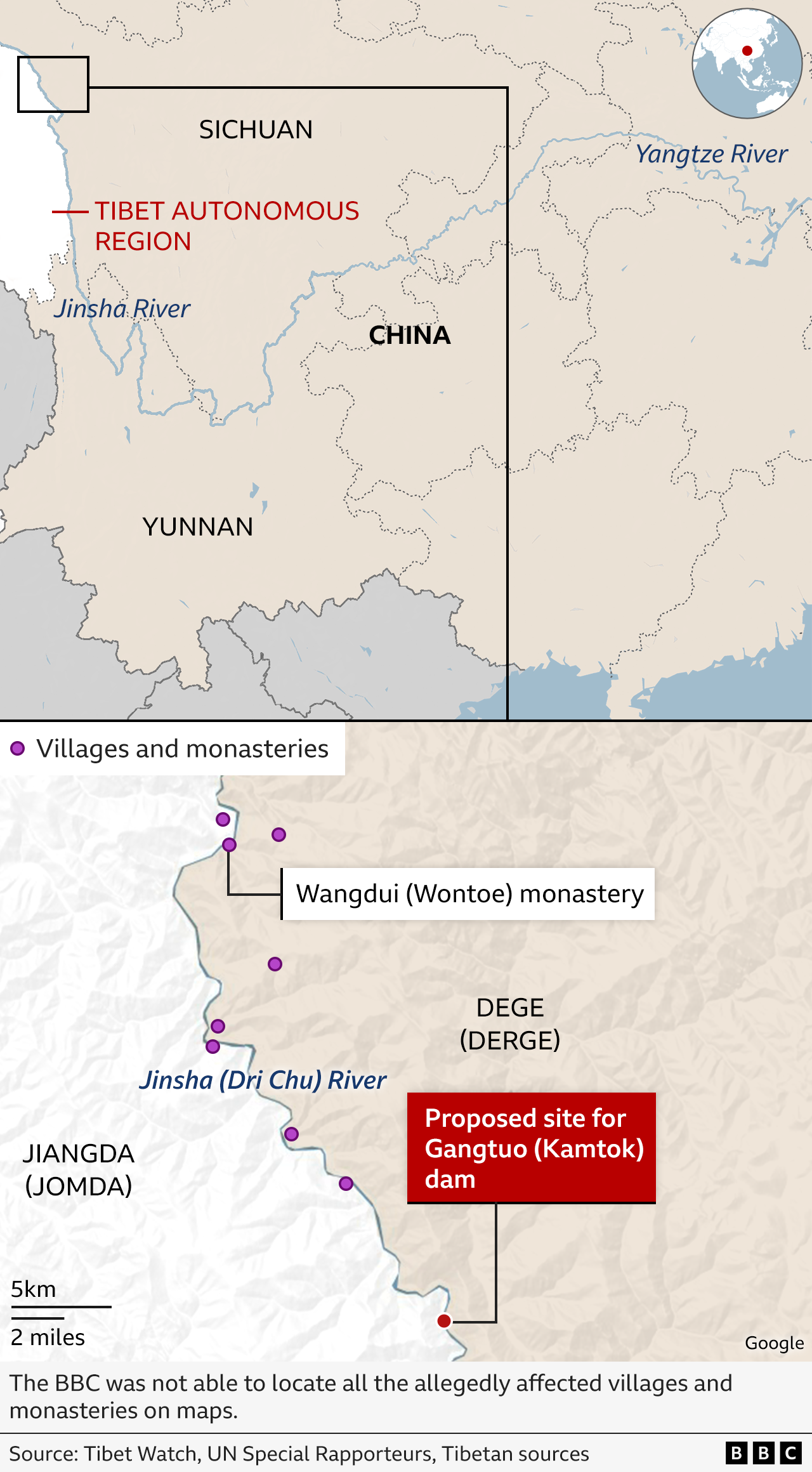 BBC graphic showing location of Gangtuo dam project and affected villages and monasteries