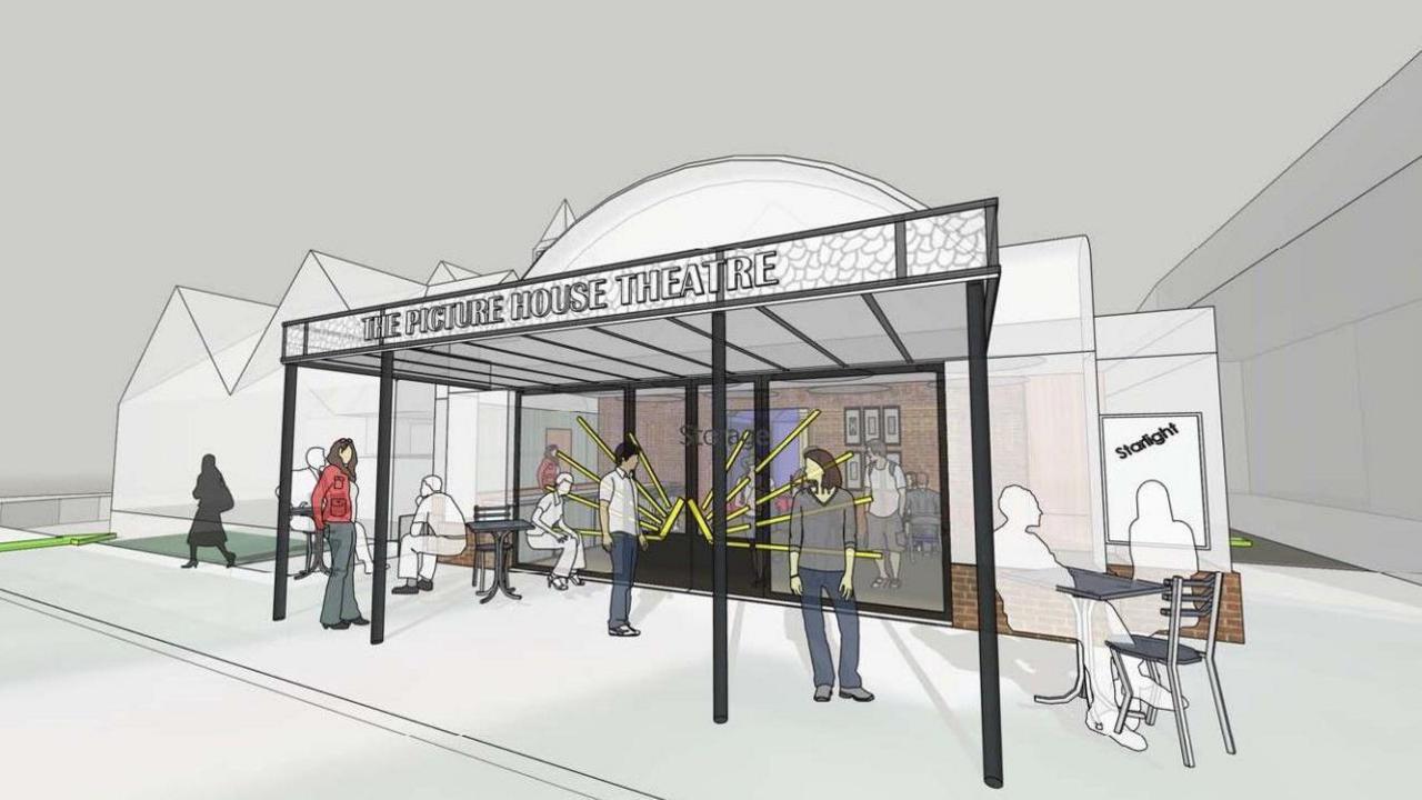 Artist's impression of the front of the picture house with a covered area over the pavement where there are tables and chairs