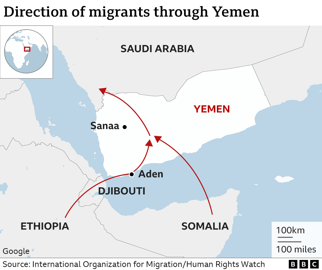 A map showing the migrant route from the Horn of Africa to Yemen and on