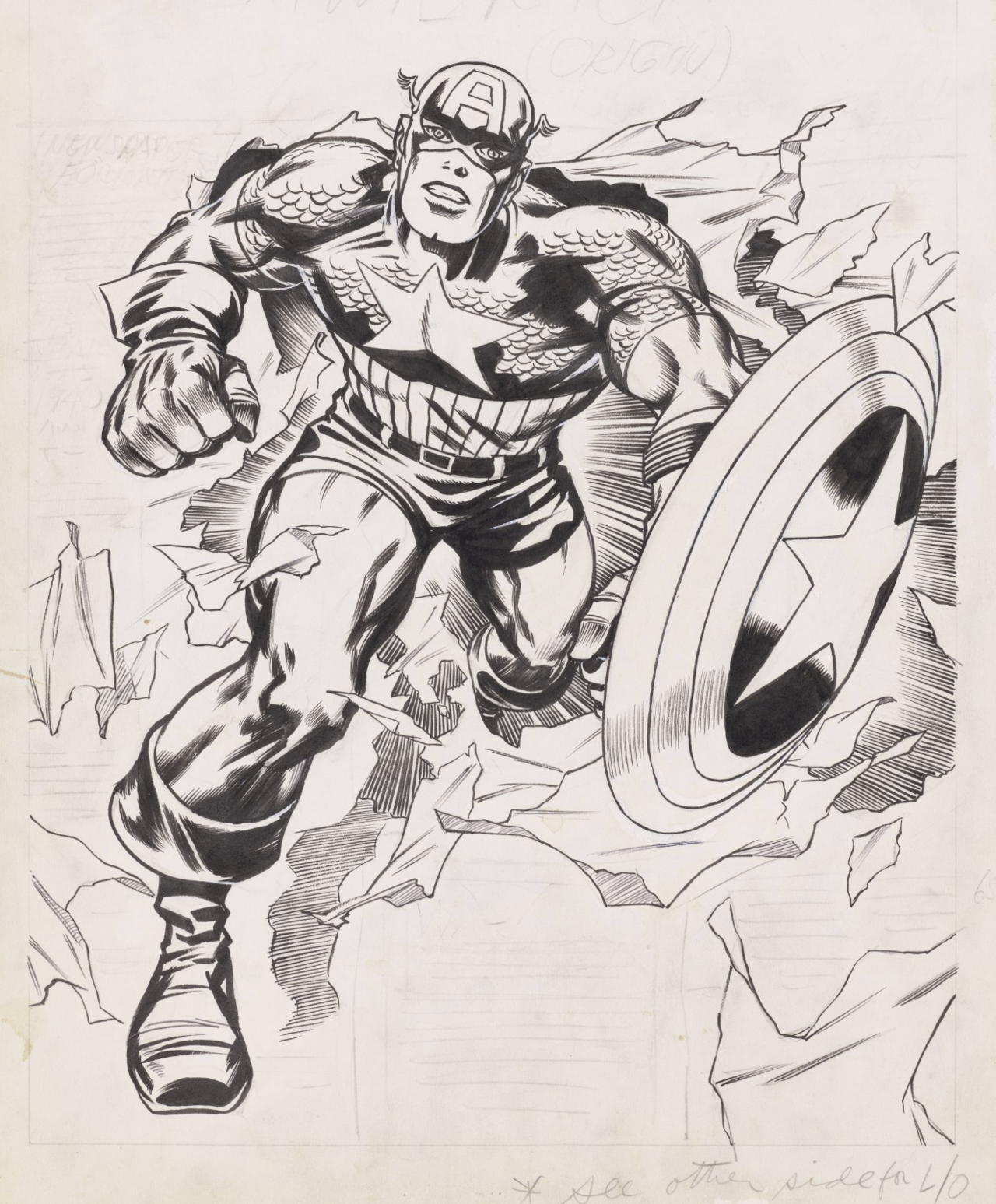 A black and white illustration of Captain America running holding his shield.