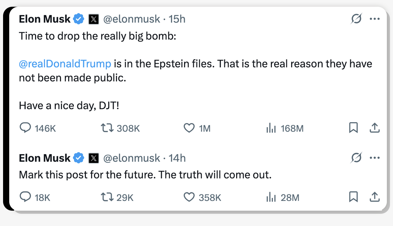 In a post on X, Elon Musk writes: "Time to drop the really big bomb: @realDonaldTrump is in the Epstein files. That is the real reason they have not been made public. Have a nice day, DJT!"