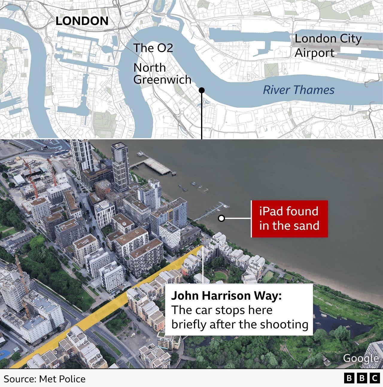 Graphic showing where the iPad was found on the river thames near to John Harrison Way.