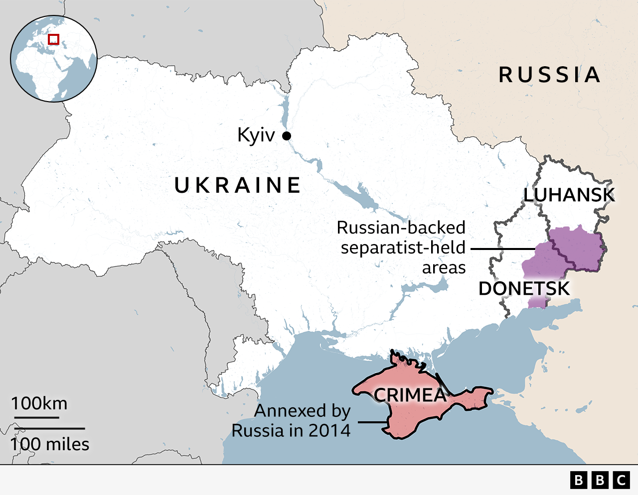 Map of Ukraine before the war, showing Ukraine and Russia. Key areas highlighted are Crimea which was wholly annexed by Russia in 2014, Luhansk and Donetsk are labelled and a large patch on the east of the two regions is shaded purple and labelled as areas held by Russian-backed separatists. The capital Kyiv is also labelled and an inset showing Ukraine's location in Europe.