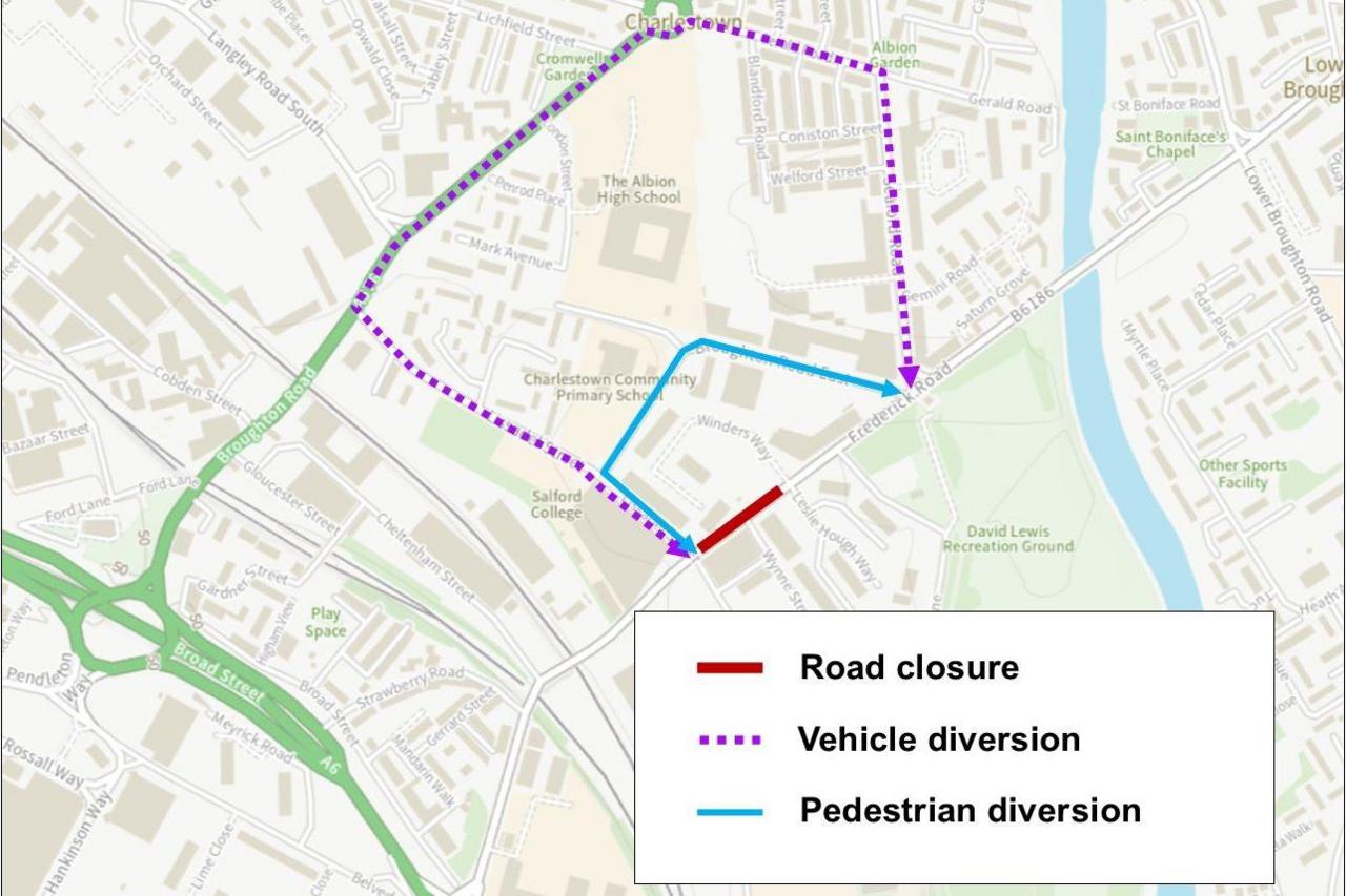 The map shows the part of Frederick Road which will be closed between Lissadel Street and Leslie Hough Way. It also shows where the vehicle diversion will be down Lissadel Street, Cromwell Road, Gerald Road and Seaford Road, while pedestrians can walk up Broughton Road East to get around the closure.