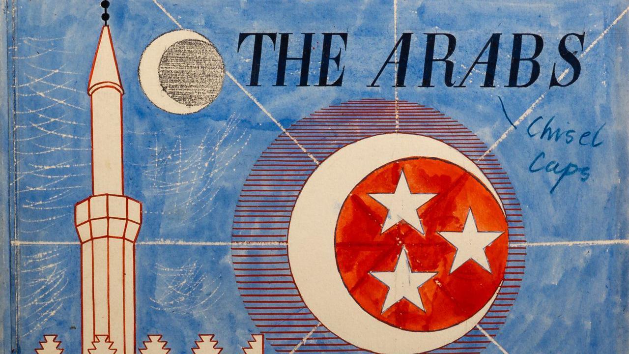 Artwork for The Arabs, showing a temple, the moon and stars in a round circle. The background is blue.