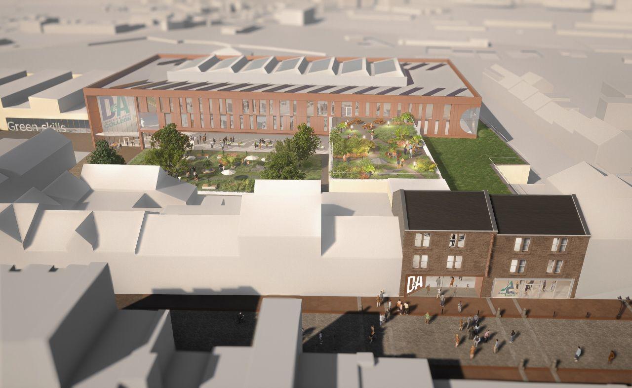 An artist's impression of the proposed new Dundee and Angus College building in Arbroath. Two long, large buildings with a multi-level green space between the two buildings