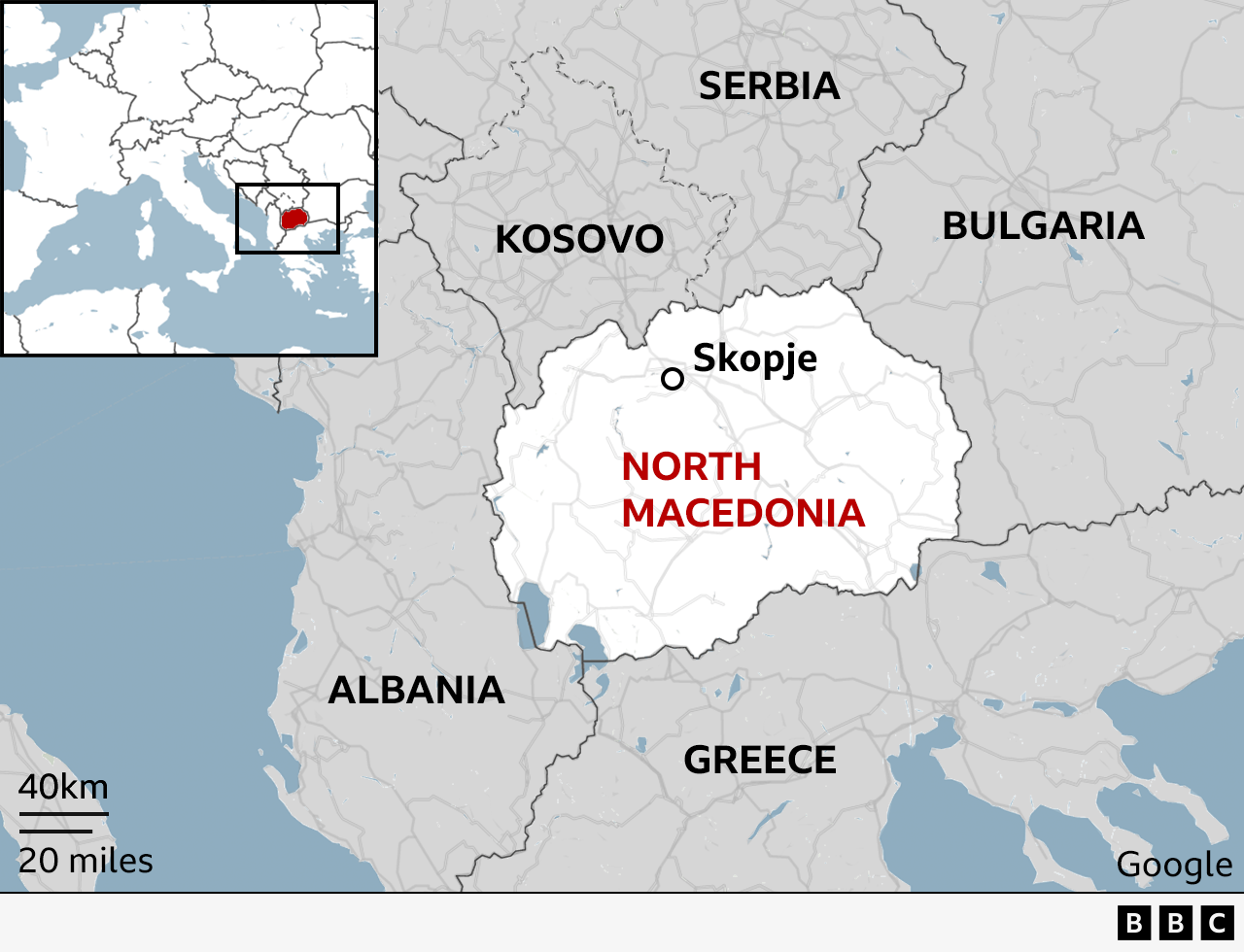 Map showing North Macedonia and the city of Skopje in relation to other European countries