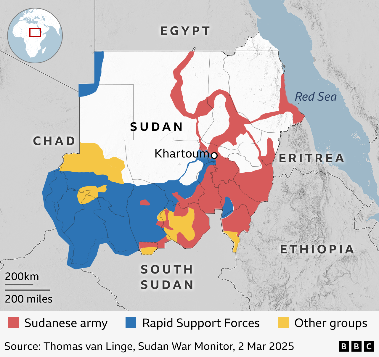 A map of Sudan showing which areas the army, RSF and other groups control