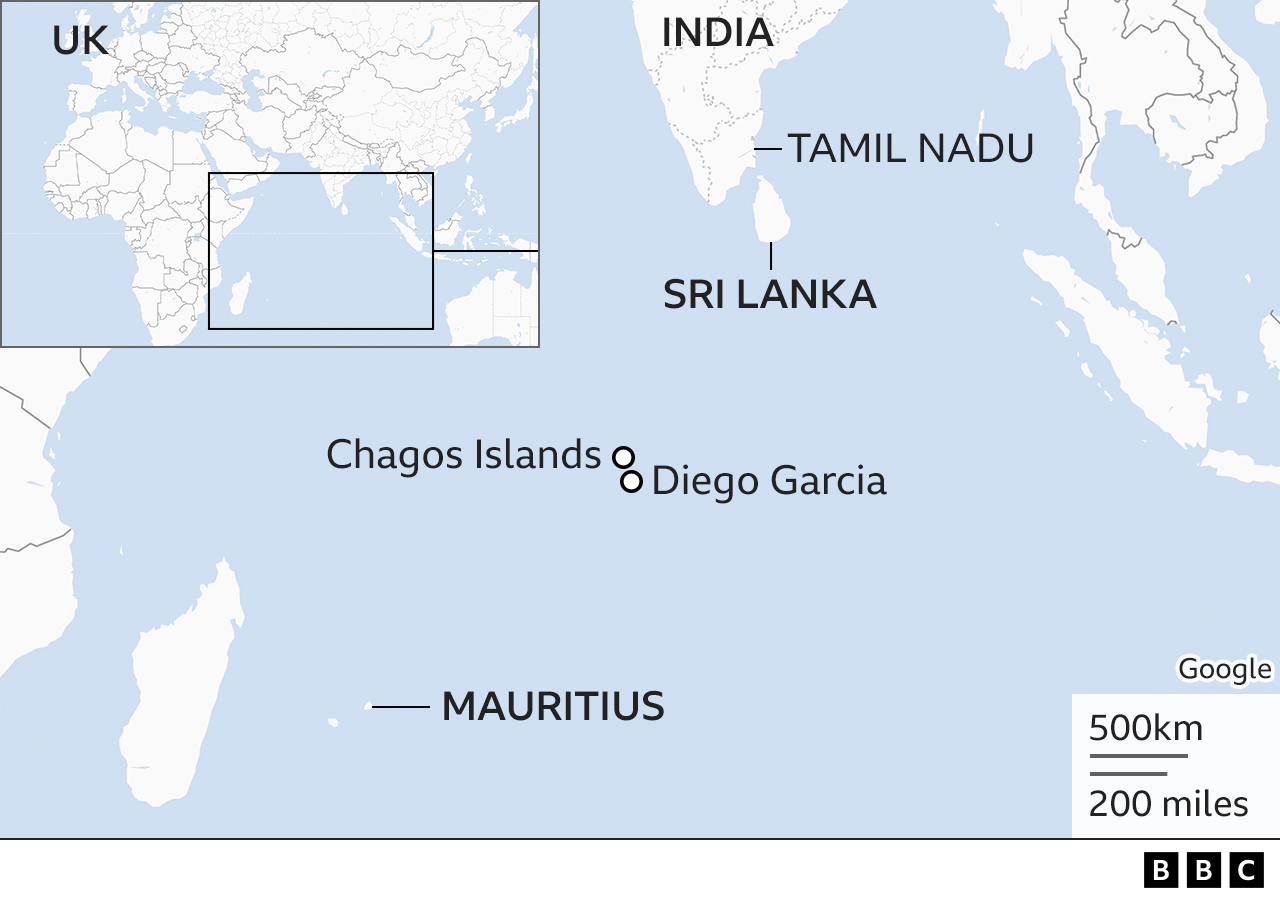 In the top corner there is a map of Eurasia, Africa and Australia. The rest of the image is a basic white and blue map of the Indian Ocean, with India, Sri Lanka, Mauritius, the Chagos Island and Diego Garcia labelled