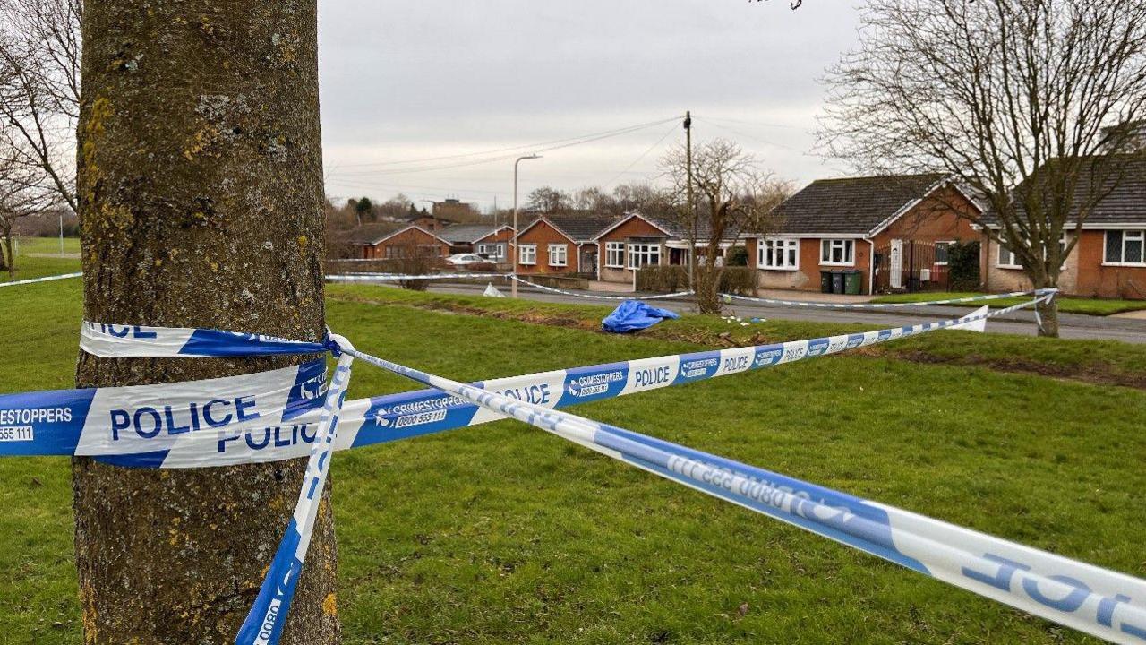 Police tape is tied around a tree near the camera.