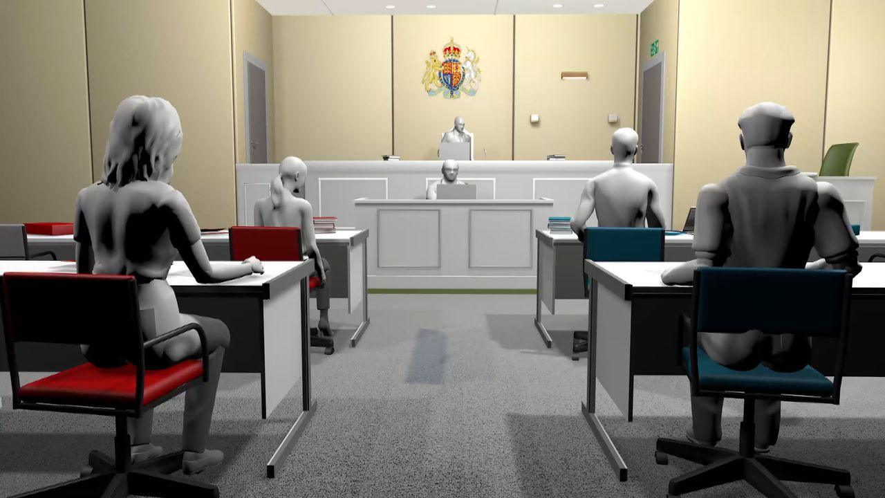 A mock-up of a court room: Four sitting white humanoid figures facing fifth and sixth white figures. The mock-up depicts two lawyers and two litigants looking at a court clerk and judge. On desks in front of the figures are red, blue, white and grey depictions of books, papers and laptops.