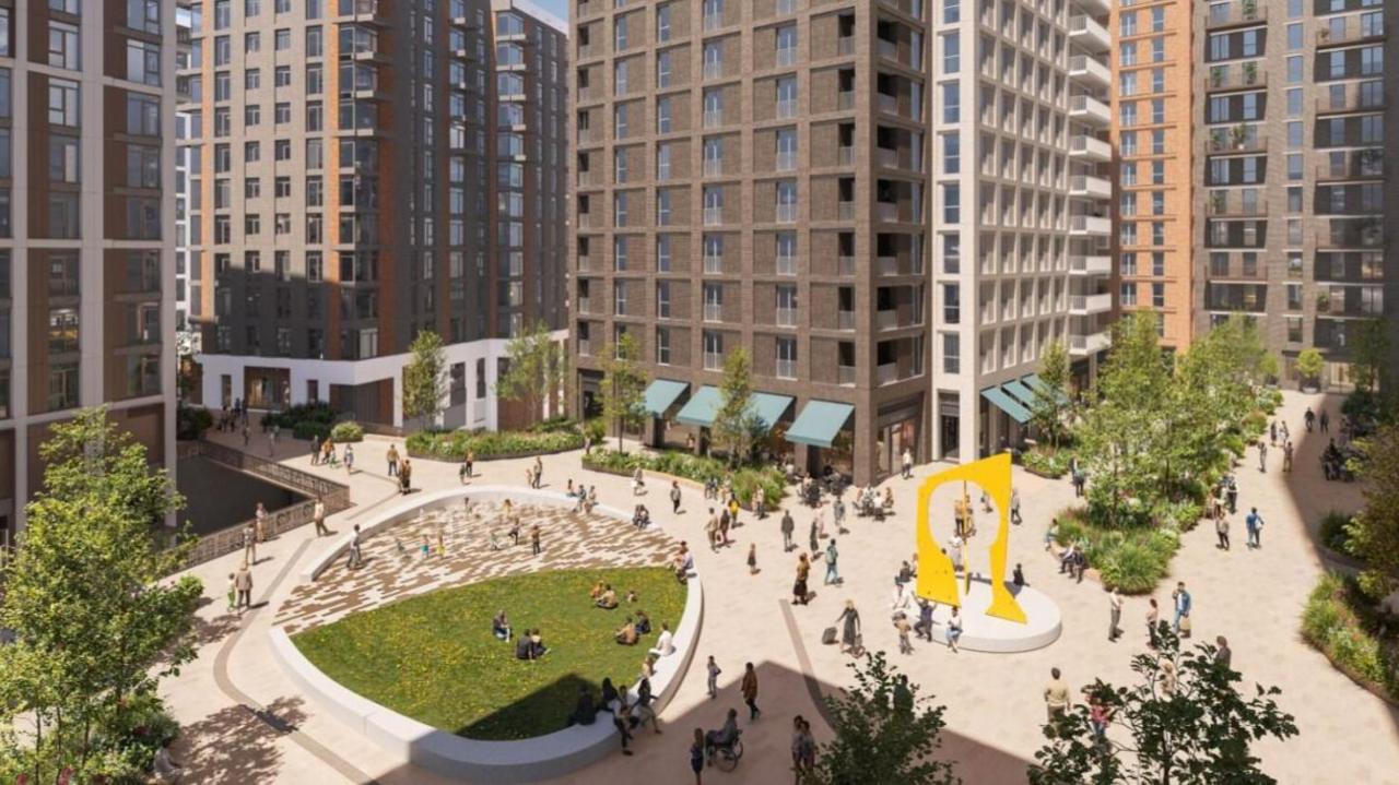 A CGI image of tall flat buildings surrounding a communal area.