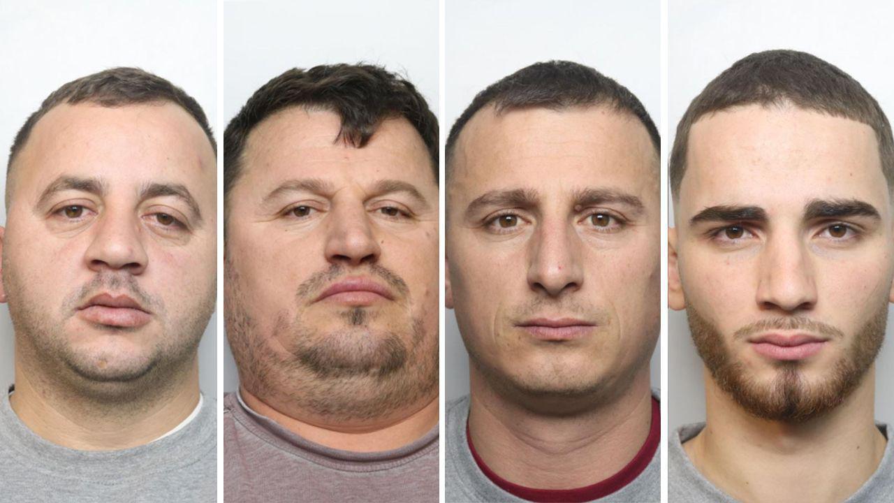 Mugshots of four men. All are wearing grey tops and have short brown hair. The first two men have stubble and the fourth man has a beard.