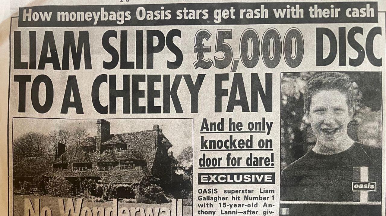 A black and white copy of the News of The World from 1 June 1997, with the headline Liam Slips £5,000 disc to a cheeky fan