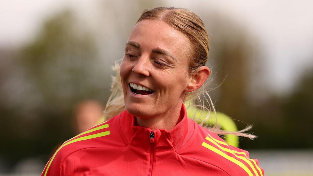 Sophie Ingle smiles during Wales training 