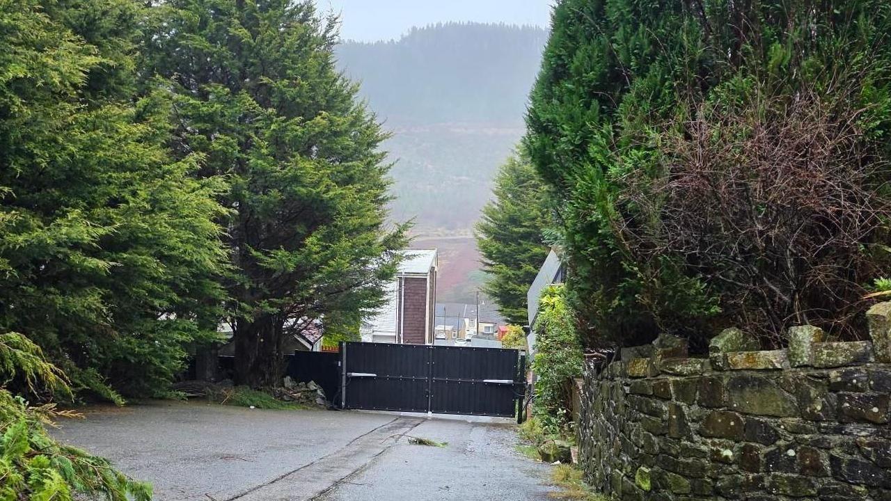 Picture of the gates from inside Cwmparc Forest, large pine trees can be seen either side of the bricked wall and black gates stand in the middle at about one metre tall. Mountains can be seen in the background, cutting into a grey sky.